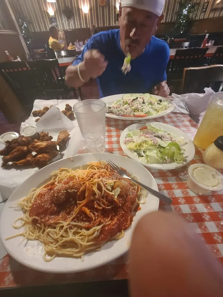 Spaghetti with Meat Sauce Meatballs and Mushrooms and Salad and Wings