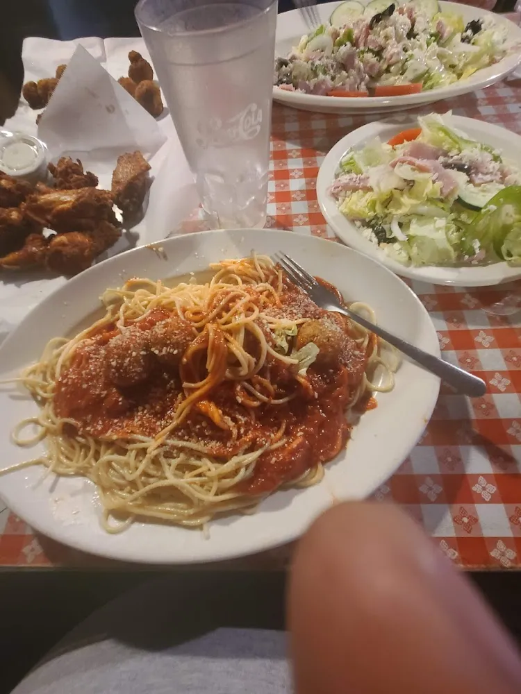 Spaghetti with Meat Sauce Meatballs and Mushroomsa